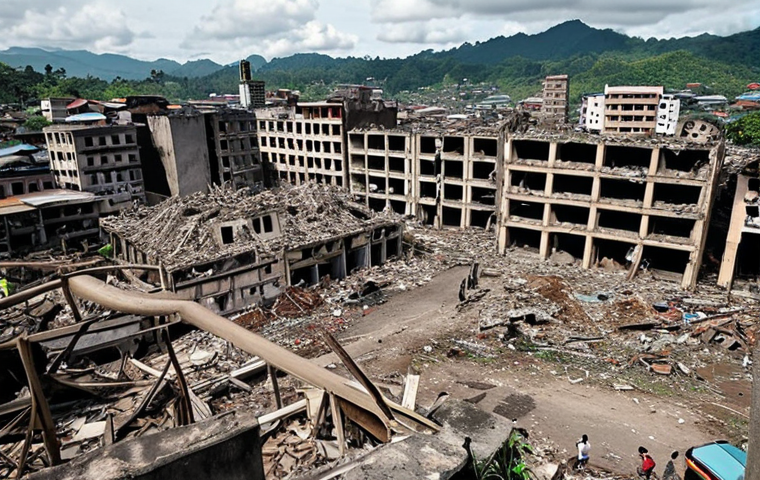 **Prompt:** Ruined cityscape of Marawi after the battle, showing destroyed buildings and debris. Focus on the scale of the destruction and the impact on the urban environment.