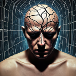 A powerful, conceptual image depicting the mental roots of extremism. Show a human mind, abstractly rendered, appearing fractured and dark, with veins or neural pathways replaced by distorted, glowing lines of code and fragmented social media feeds, symbolizing online radicalization and the spread of misinformation. Within the mind, hints of fear, anger, and isolation. In the background, subtly illustrate the fragmentation of societal peace, perhaps through blurred or broken elements of an urban landscape. Emphasize psychological depth, a somber color palette with hints of ominous light, and a style that blends realism with surrealism, evoking the danger of unseen hate.