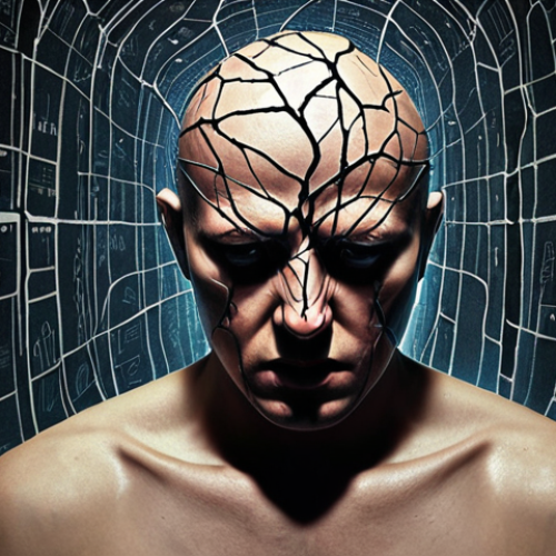 Home 18 A powerful, conceptual image depicting the mental roots of extremism. Show a human mind, abstractly rendered, appearing fractured and dark, with veins or neural pathways replaced by distorted, glowing lines of code and fragmented social media feeds, symbolizing online radicalization and the spread of misinformation. Within the mind, hints of fear, anger, and isolation. In the background, subtly illustrate the fragmentation of societal peace, perhaps through blurred or broken elements of an urban landscape. Emphasize psychological depth, a somber color palette with hints of ominous light, and a style that blends realism with surrealism, evoking the danger of unseen hate.