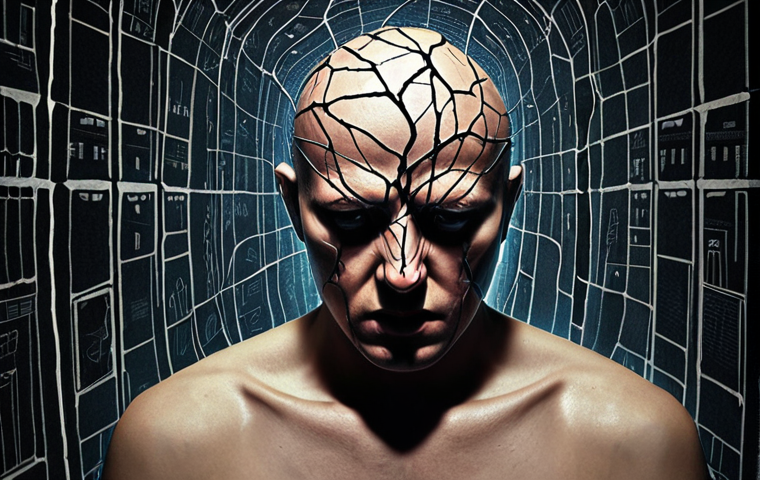 A powerful, conceptual image depicting the mental roots of extremism. Show a human mind, abstractly rendered, appearing fractured and dark, with veins or neural pathways replaced by distorted, glowing lines of code and fragmented social media feeds, symbolizing online radicalization and the spread of misinformation. Within the mind, hints of fear, anger, and isolation. In the background, subtly illustrate the fragmentation of societal peace, perhaps through blurred or broken elements of an urban landscape. Emphasize psychological depth, a somber color palette with hints of ominous light, and a style that blends realism with surrealism, evoking the danger of unseen hate.