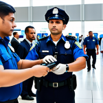 A professional airport security checkpoint bustling with diverse, fully clothed travelers in modest, appropriate attire and uniformed security personnel. Advanced biometric scanners and high-resolution cameras are visible, ensuring a smooth and secure process in a clean, modern airport terminal. The scene depicts efficient operations and a sense of safety, with perfect anatomy, correct proportions, well-formed hands, proper finger count, and a natural pose for all subjects. This image is safe for work, appropriate content, and family-friendly, rendered with professional photography and high quality.