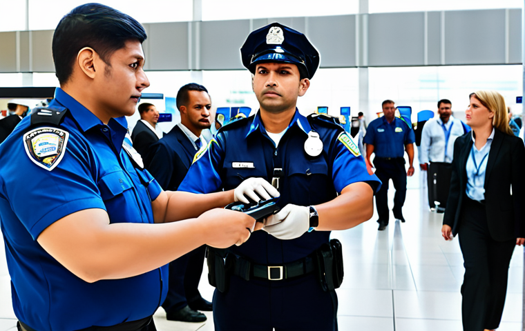 A professional airport security checkpoint bustling with diverse, fully clothed travelers in modest, appropriate attire and uniformed security personnel. Advanced biometric scanners and high-resolution cameras are visible, ensuring a smooth and secure process in a clean, modern airport terminal. The scene depicts efficient operations and a sense of safety, with perfect anatomy, correct proportions, well-formed hands, proper finger count, and a natural pose for all subjects. This image is safe for work, appropriate content, and family-friendly, rendered with professional photography and high quality.