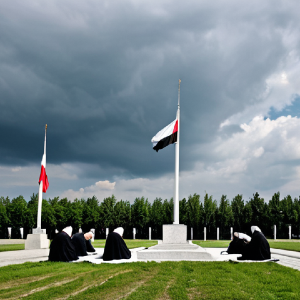 **Image:** A somber memorial scene in Poland. **Prompt:** A respectful memorial service in Warsaw, Poland, with people in modest clothing mourning, displaying national flags; cloudy sky, safe for work, appropriate content, fully clothed, professional, memorial, correct proportions, natural pose, well-formed hands.