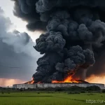 쿠바 마탄사스 연료 탱크 폭발 사건 - **The Incendiary Strike**
    "A dramatic, wide-angle shot of a massive industrial oil tank complex ...