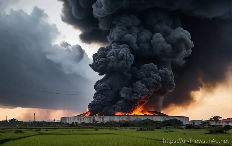 쿠바 마탄사스 연료 탱크 폭발 사건 - **The Incendiary Strike**
    "A dramatic, wide-angle shot of a massive industrial oil tank complex ...