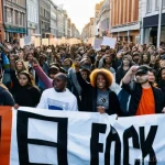 조지 플로이드 사건 - **Prompt:** "A powerful, wide shot of a diverse, global solidarity march. People of various ages, et...