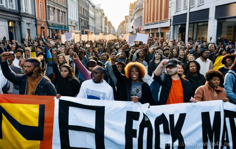 조지 플로이드 사건 - **Prompt:** "A powerful, wide shot of a diverse, global solidarity march. People of various ages, et...