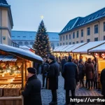 독일 베를린 크리스마스 시장 테러 사건 - A bustling Christmas market scene in Berlin during the evening, illuminated by warm festive lights s...