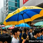 Home 20 홍콩 우산 혁명 시위 사건 - A vibrant street scene in Hong Kong during the Umbrella Movement, featuring diverse young protesters...