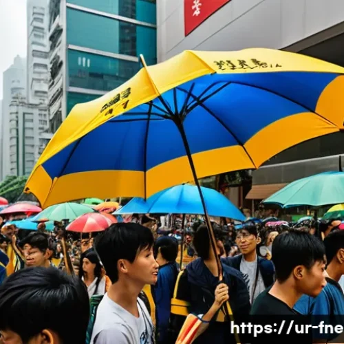 Home 32 홍콩 우산 혁명 시위 사건 - A vibrant street scene in Hong Kong during the Umbrella Movement, featuring diverse young protesters...