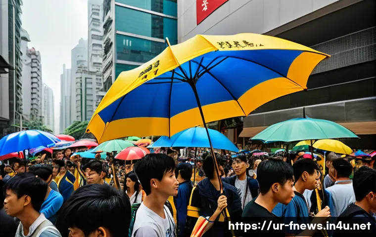 홍콩 우산 혁명 시위 사건 - A vibrant street scene in Hong Kong during the Umbrella Movement, featuring diverse young protesters...