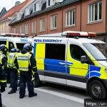 Home 19 스웨덴 말뫼 폭탄 테러 사건 - A detailed urban emergency response scene in Malmö, depicting a diverse team of police officers and ...