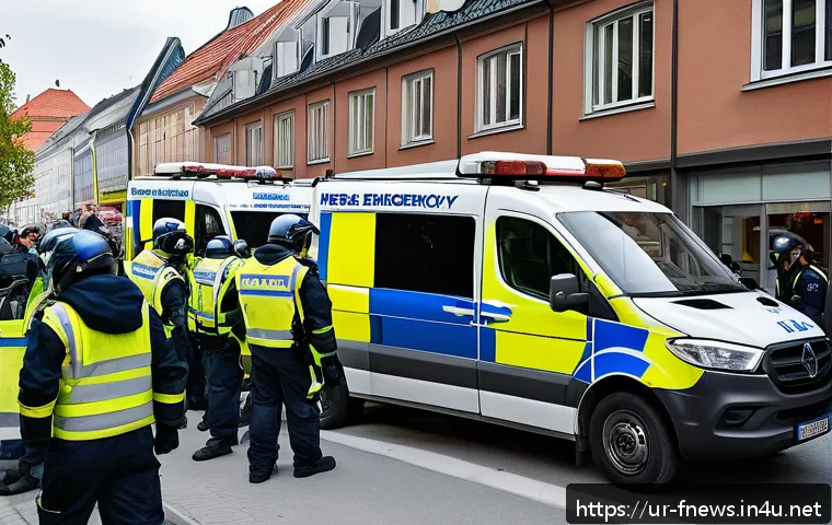 스웨덴 말뫼 폭탄 테러 사건 - A detailed urban emergency response scene in Malmö, depicting a diverse team of police officers and ...