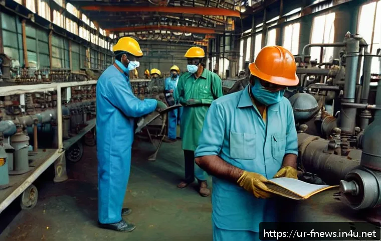 인도 보팔 가스 누출 사건 - A detailed industrial factory scene set in 1970s India, showing aging chemical plant machinery with ...