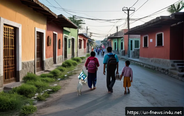 멕시코 아요치나파 실종 사건 - A detailed street scene in Ayuchina, Mexico, showing local families walking cautiously at dusk with ...